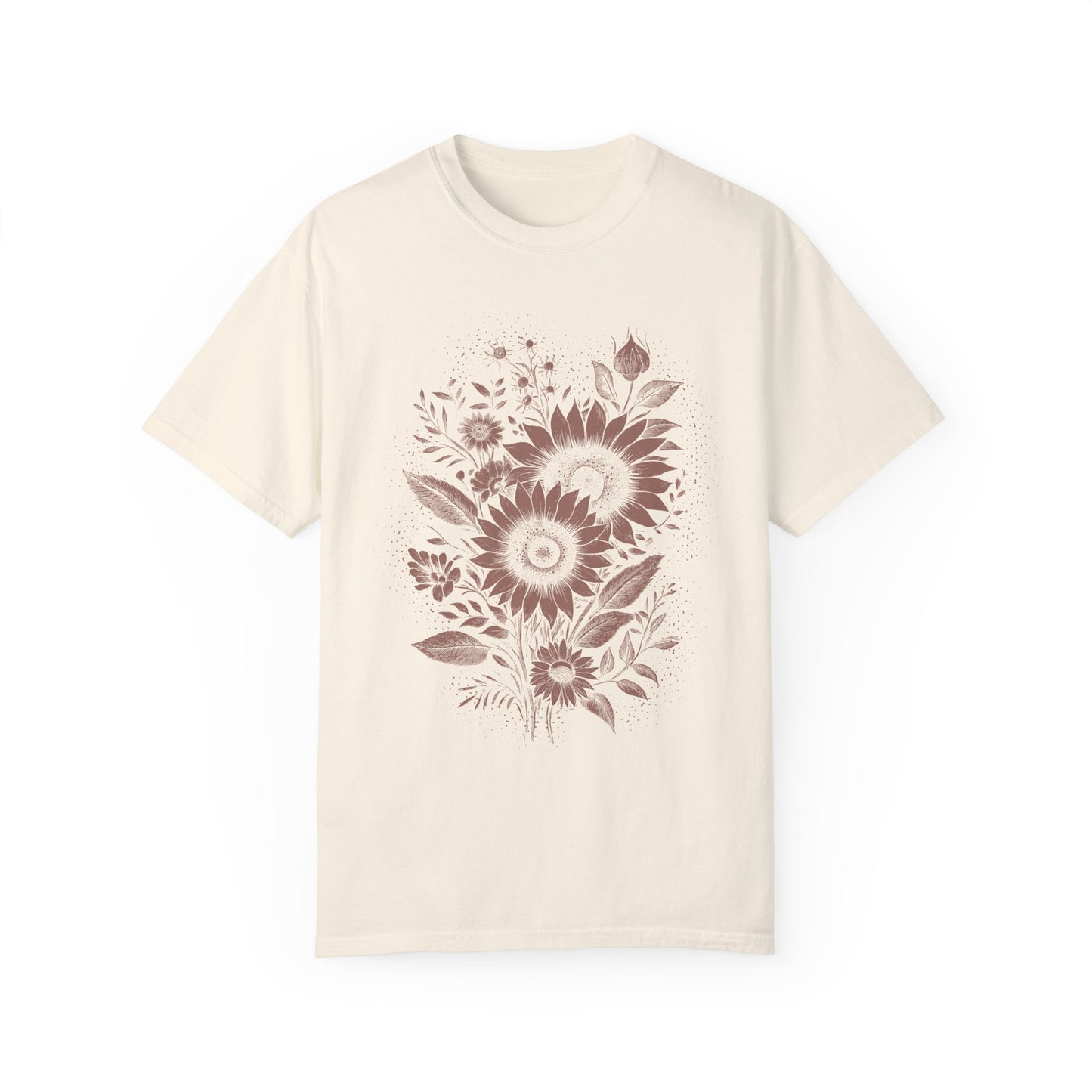 Boho Sunflower & Wildflower T-Shirt - Monochromatic Linocut Style on Comfort Colors Tee