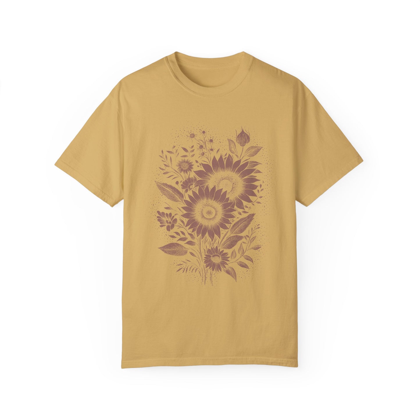 Boho Sunflower & Wildflower T-Shirt - Monochromatic Linocut Style on Comfort Colors Tee