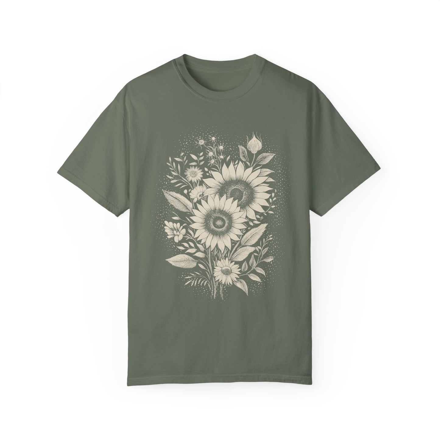 Boho Sunflower & Wildflower T-Shirt - Monochromatic Linocut Style on Comfort Colors Tee