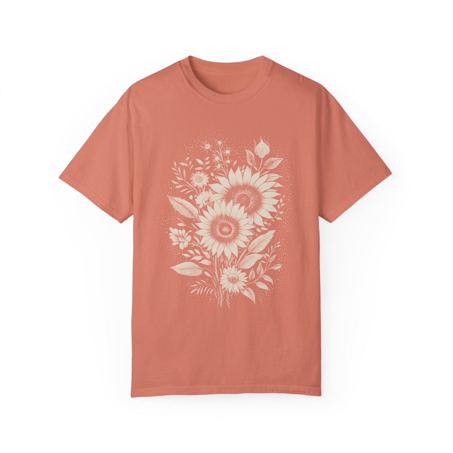Boho Sunflower & Wildflower T-Shirt - Monochromatic Linocut Style on Comfort Colors Tee