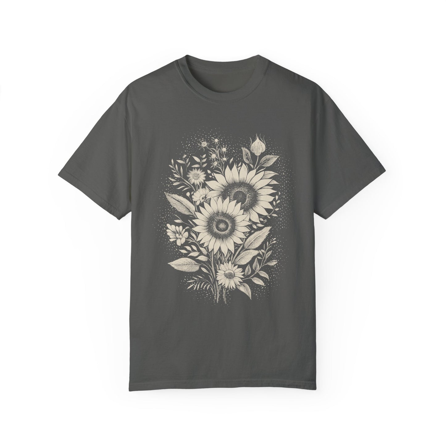 Boho Sunflower & Wildflower T-Shirt - Monochromatic Linocut Style on Comfort Colors Tee