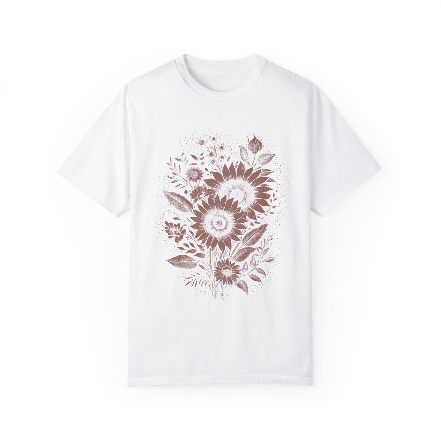 Boho Sunflower & Wildflower T-Shirt - Monochromatic Linocut Style on Comfort Colors Tee