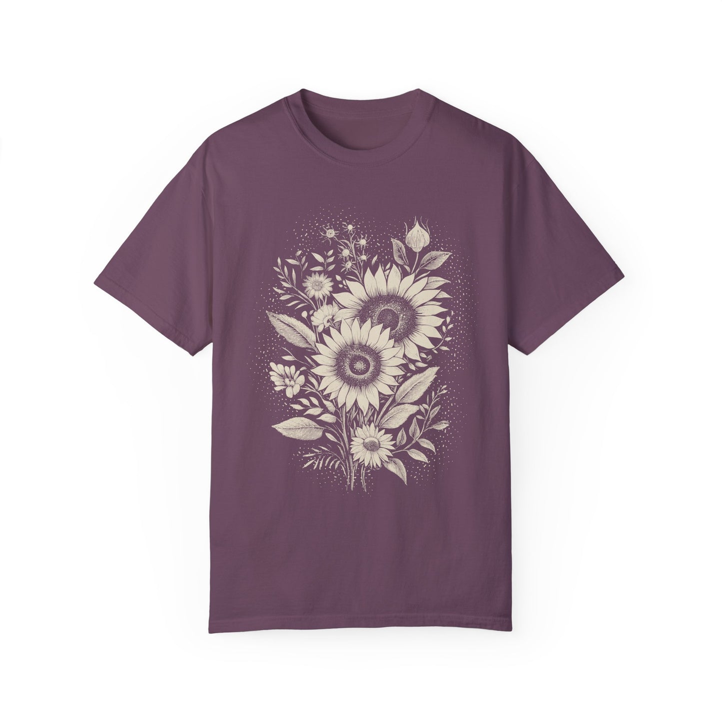 Boho Sunflower & Wildflower T-Shirt - Monochromatic Linocut Style on Comfort Colors Tee