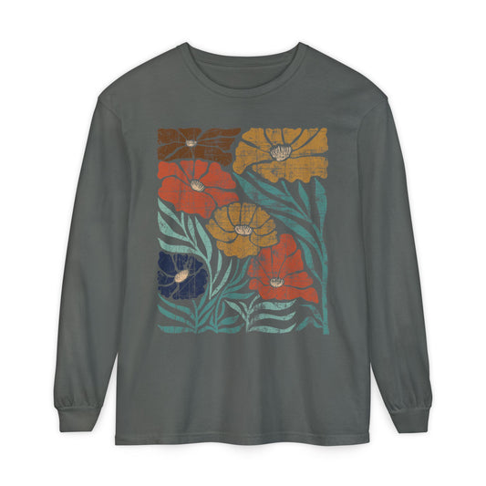 Boho Distressed Deep Tone Floral Long Sleeve Shirt - Vintage Vibe on Comfort Colors