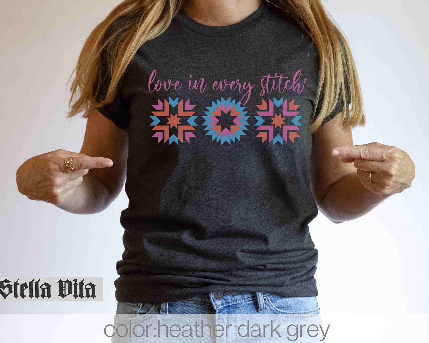 a woman wearing a t - shirt that says love in every stitch