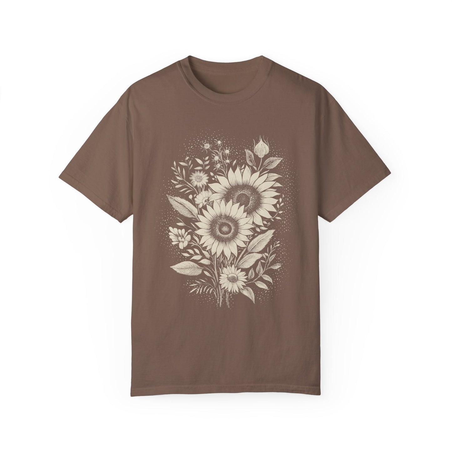 Boho Sunflower & Wildflower T-Shirt - Monochromatic Linocut Style on Comfort Colors Tee