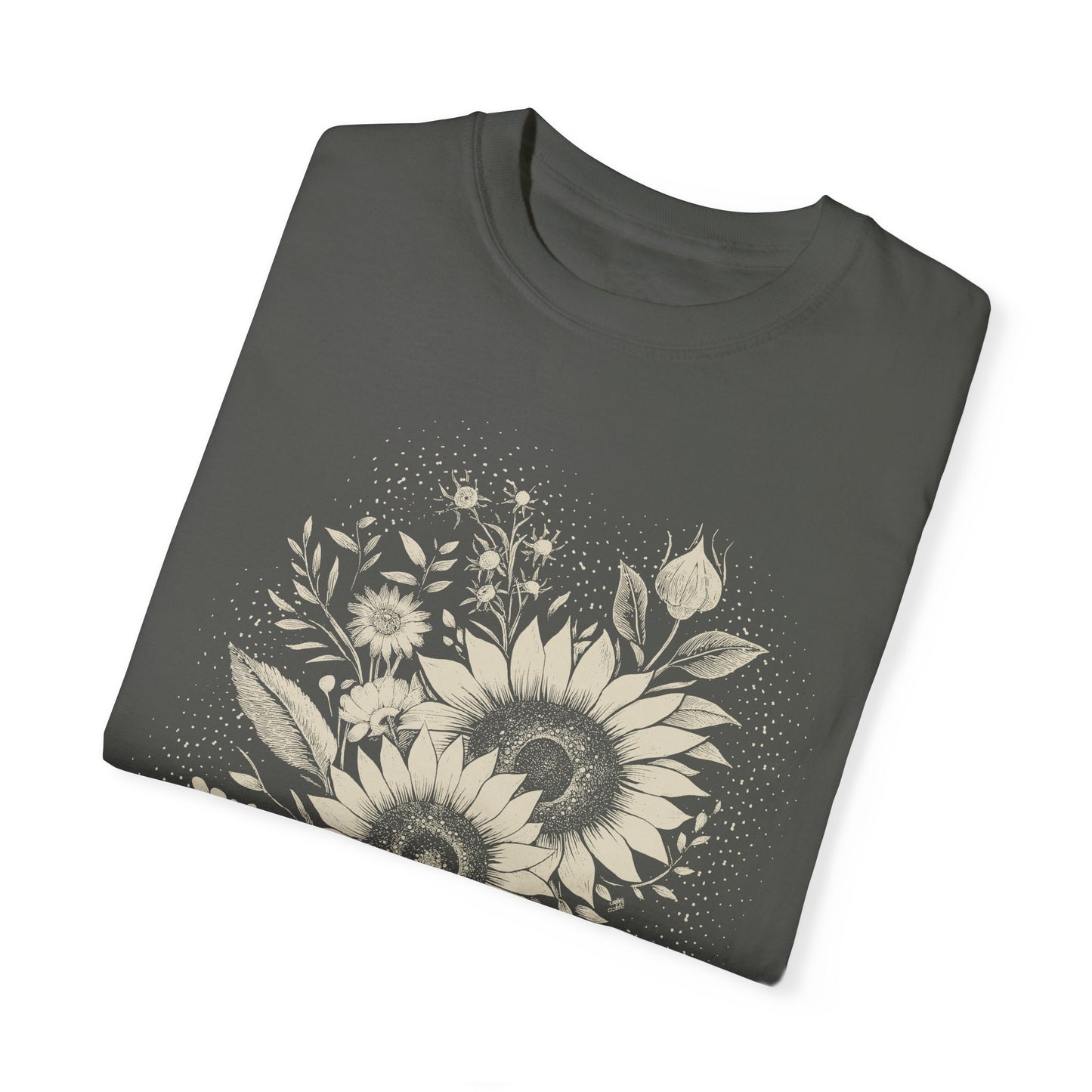 Boho Sunflower & Wildflower T-Shirt - Monochromatic Linocut Style on Comfort Colors Tee