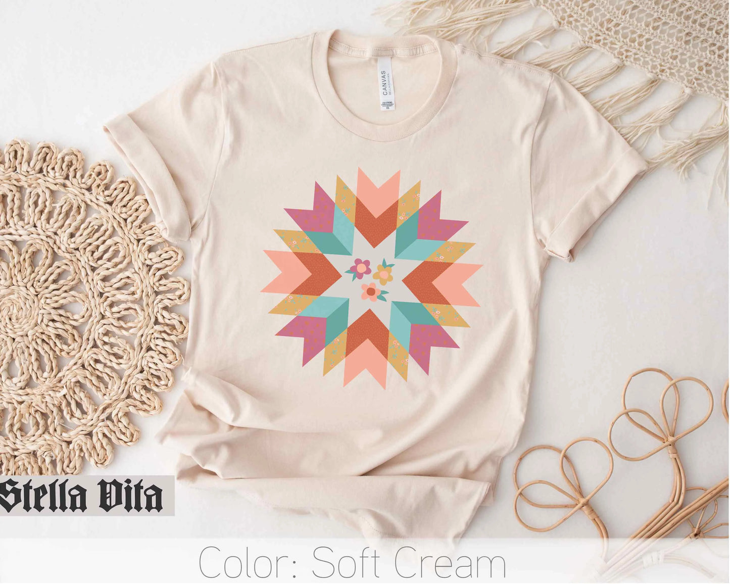 a t - shirt with a colorful star design on it
