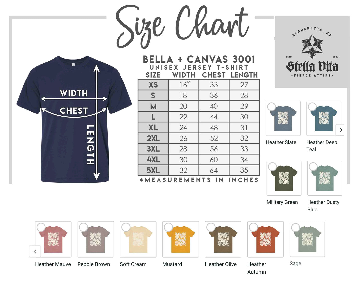 Cream Wild Flower Bella And Canvas Size Chart