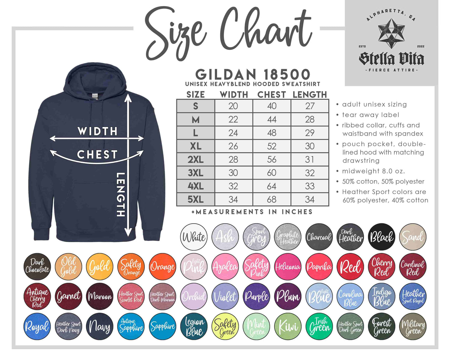 Gildan 18500 Size Chart