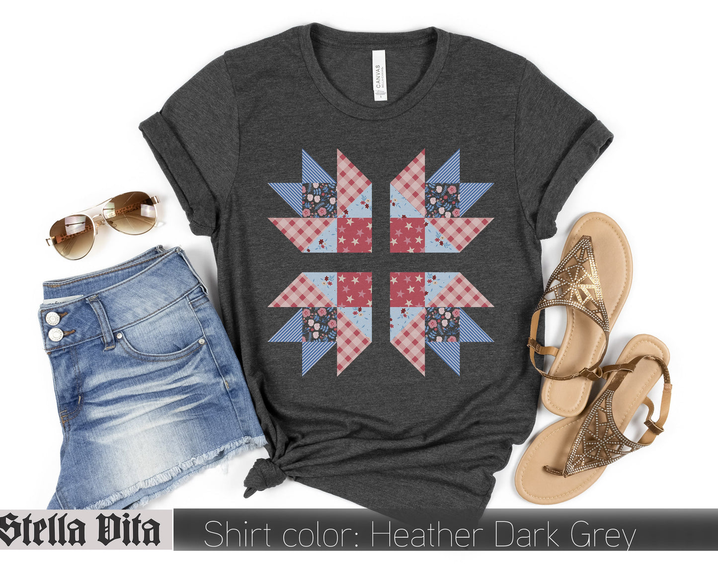 Patriotic Bear Paw Print Fourth of July Quilt Block T-Shirt