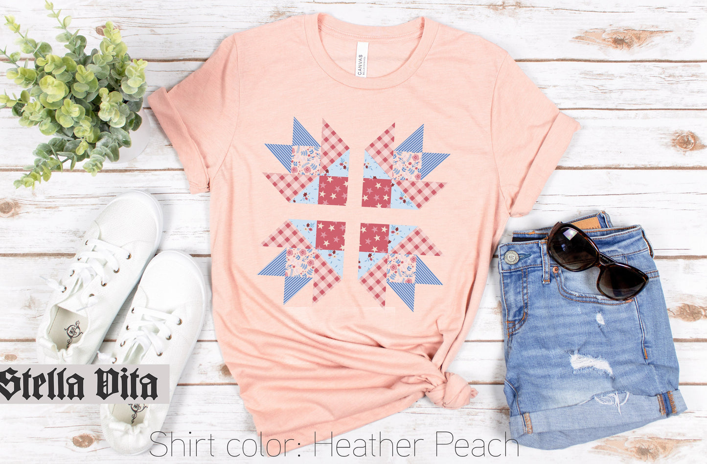 Patriotic Bear Paw Print Fourth of July Quilt Block T-Shirt