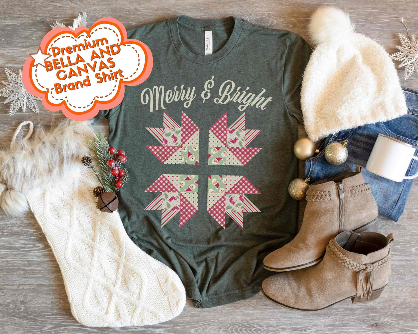 Merry And Bright Christmas Quilt Block T-Shirt