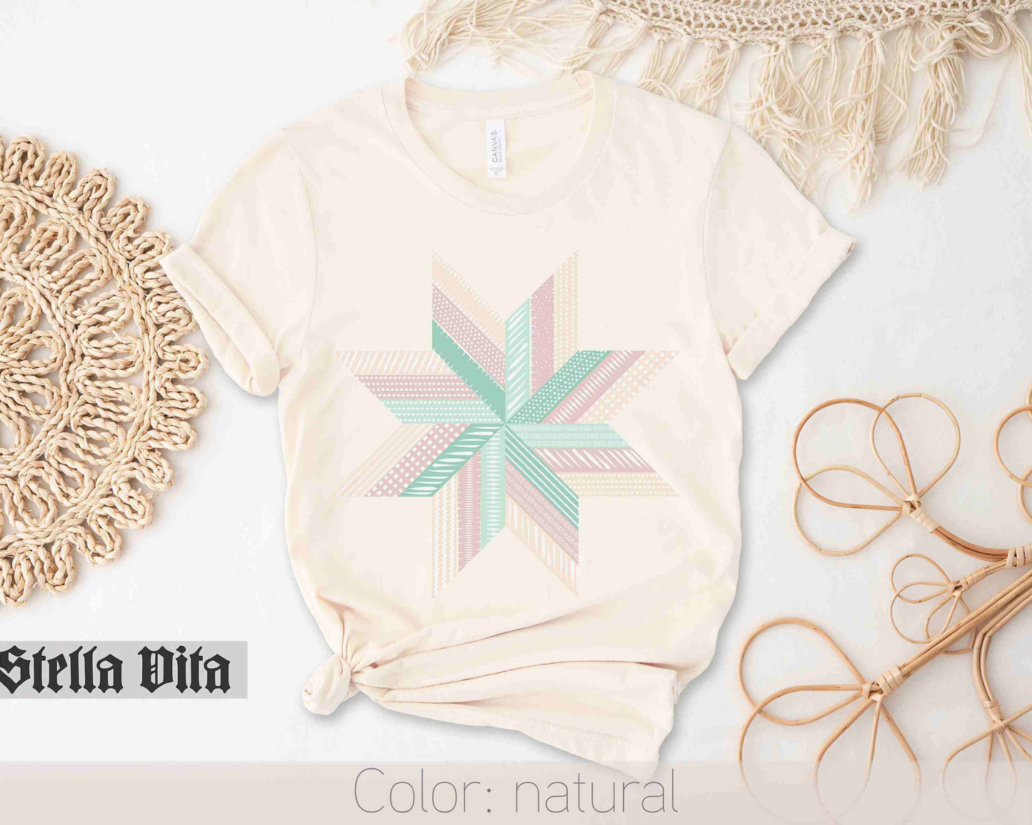 Pastel Summer Quilting T-shirt Featuring Lino Cut Quilt Star Design