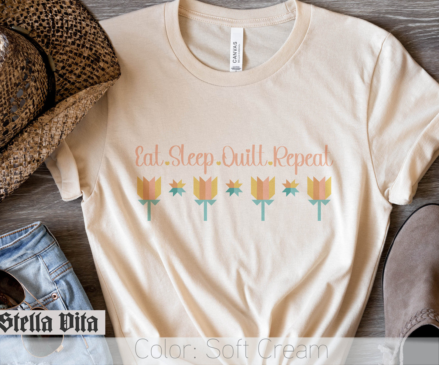 Eat Sleep Quilt Repeat Flower T-Shirt