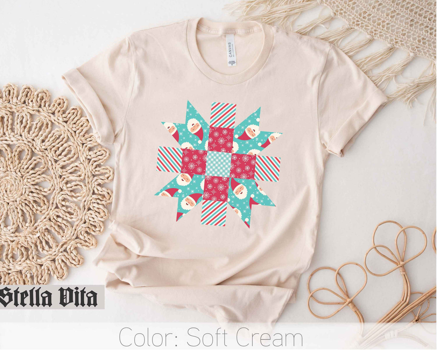 Santa Quilt Block Star Christmas T-Shirt