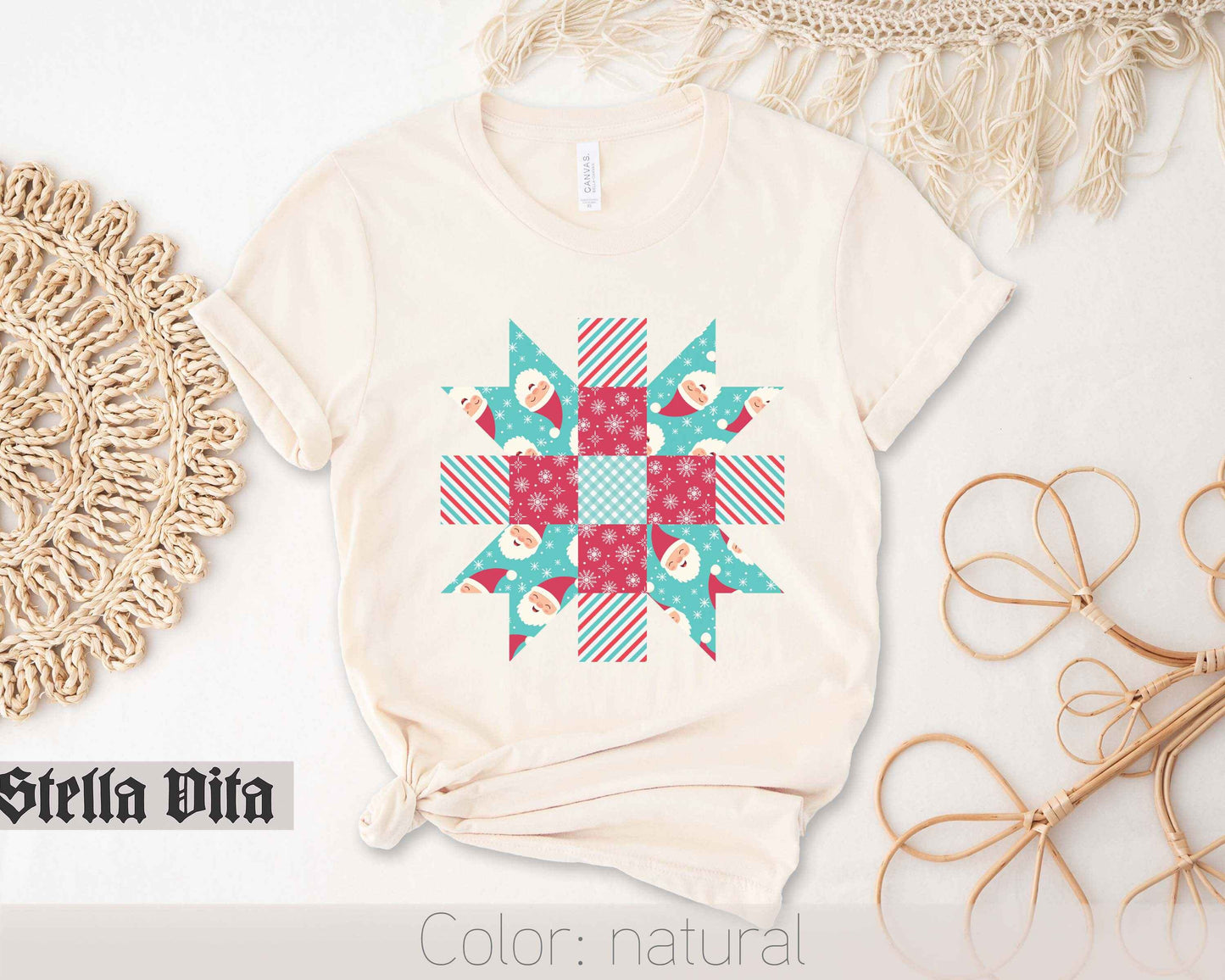 Santa Quilt Block Star Christmas T-Shirt