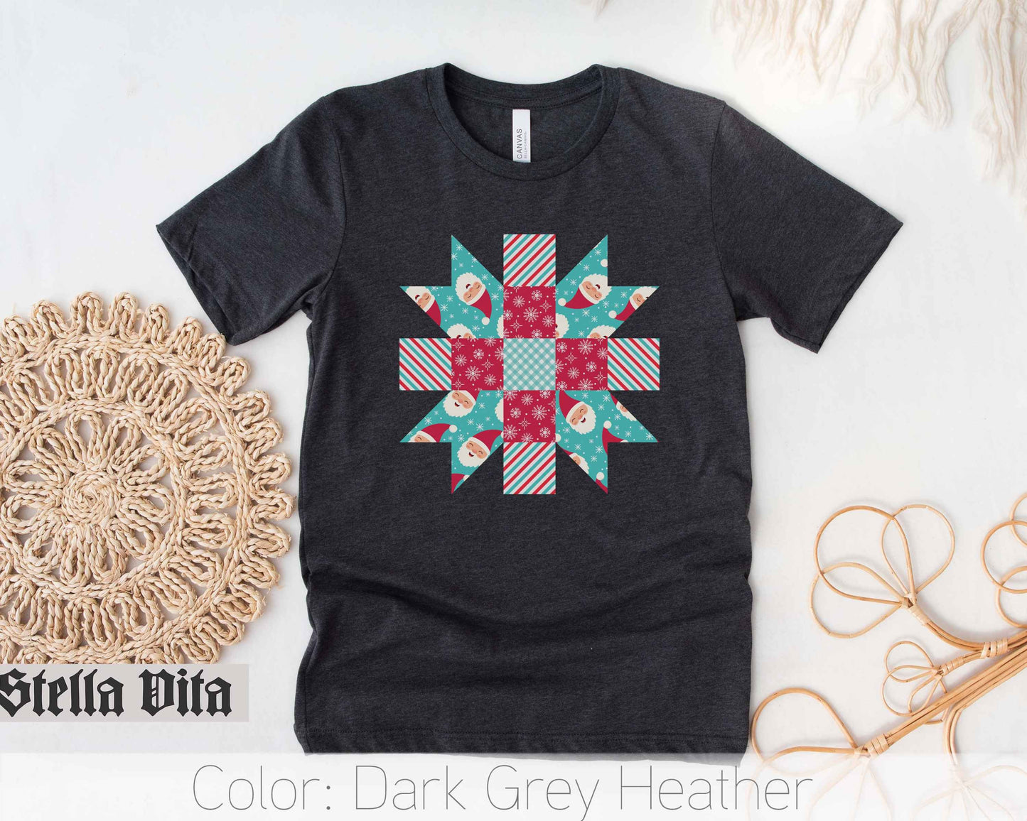 Santa Quilt Block Star Christmas T-Shirt