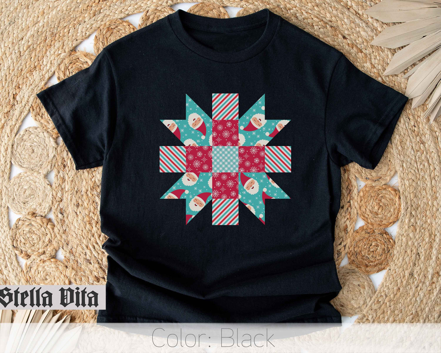 Santa Quilt Block Star Christmas T-Shirt