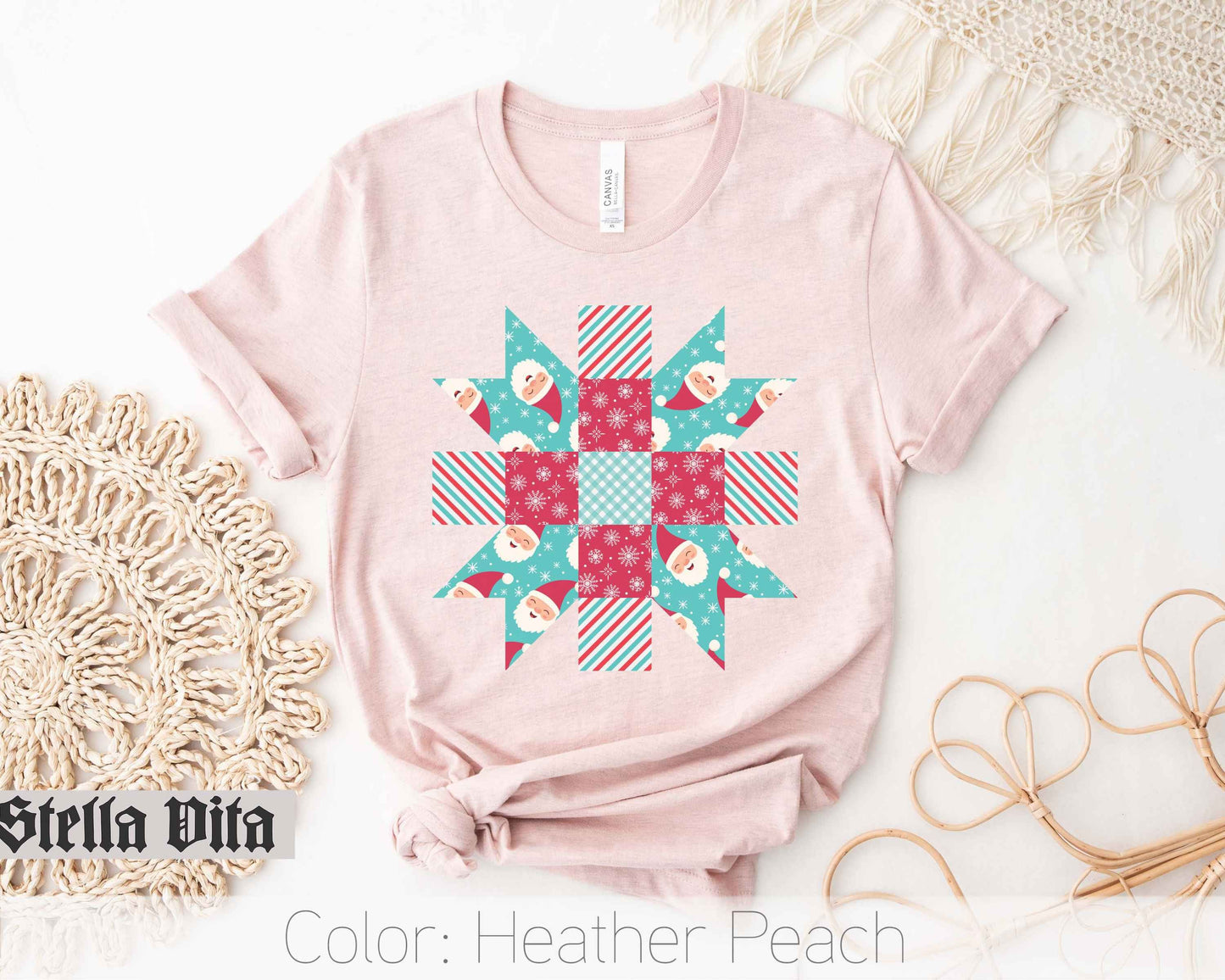 Santa Quilt Block Star Christmas T-Shirt