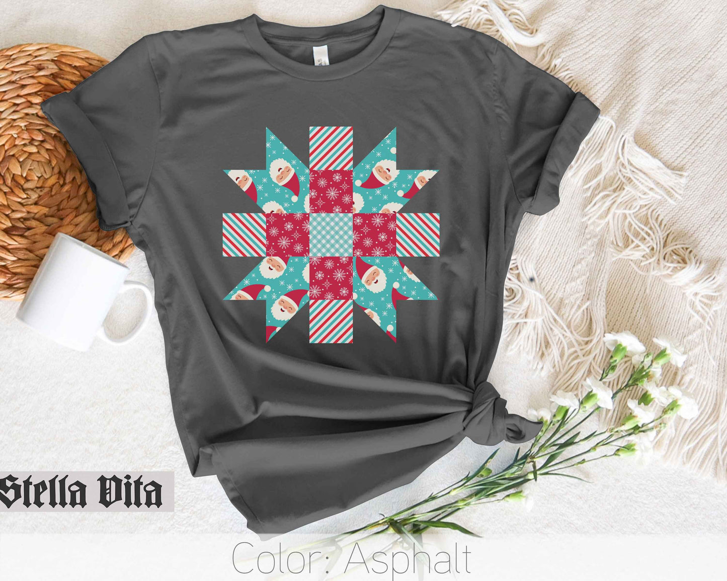 Santa Quilt Block Star Christmas T-Shirt