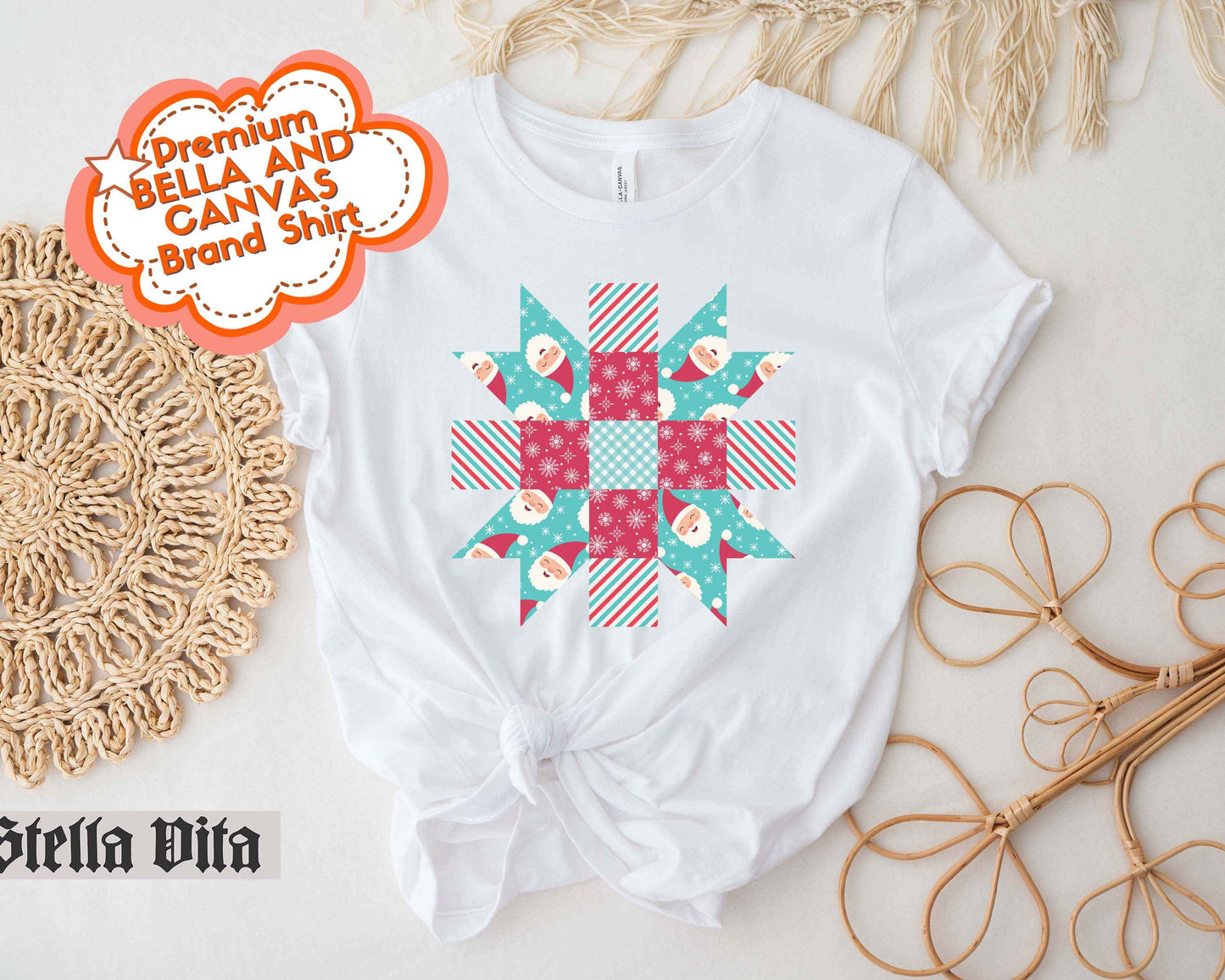 Santa Quilt Block Star Christmas T-Shirt