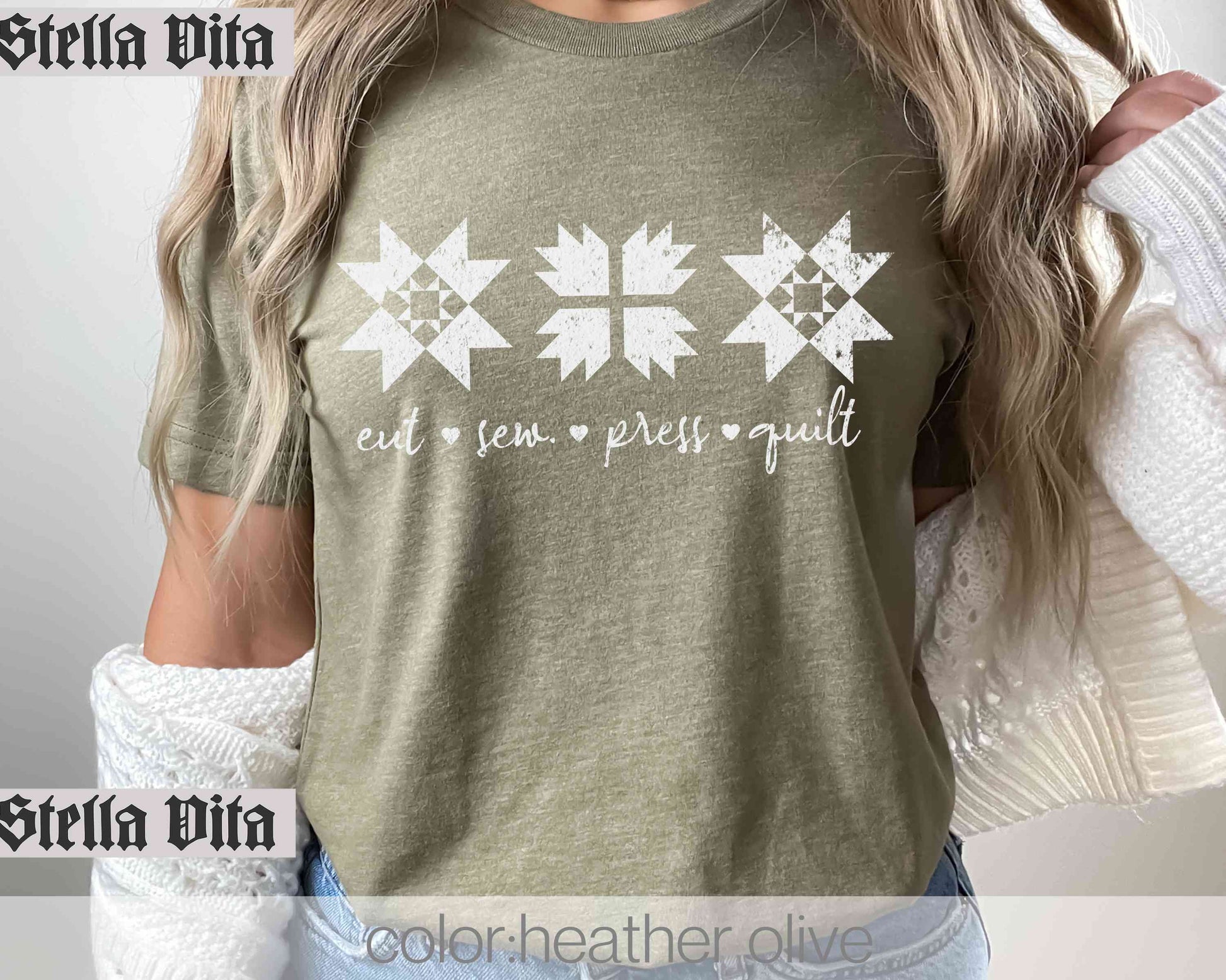 a woman wearing a green shirt with white snowflakes on it