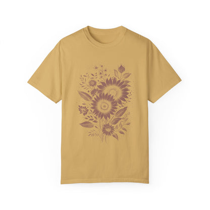 Boho Sunflower & Wildflower T-Shirt - Monochromatic Linocut Style on Comfort Colors Tee