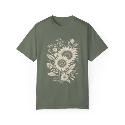 Boho Sunflower & Wildflower T-Shirt - Monochromatic Linocut Style on Comfort Colors Tee
