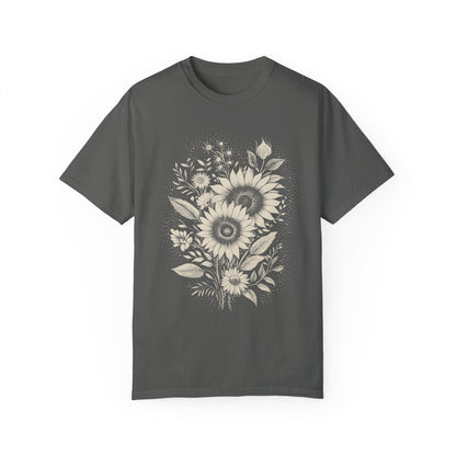 Boho Sunflower & Wildflower T-Shirt - Monochromatic Linocut Style on Comfort Colors Tee