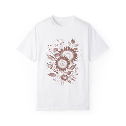 Boho Sunflower & Wildflower T-Shirt - Monochromatic Linocut Style on Comfort Colors Tee