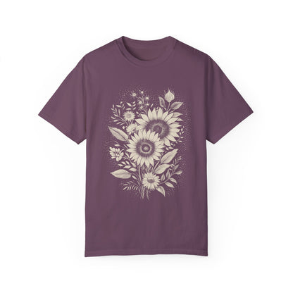 Boho Sunflower & Wildflower T-Shirt - Monochromatic Linocut Style on Comfort Colors Tee