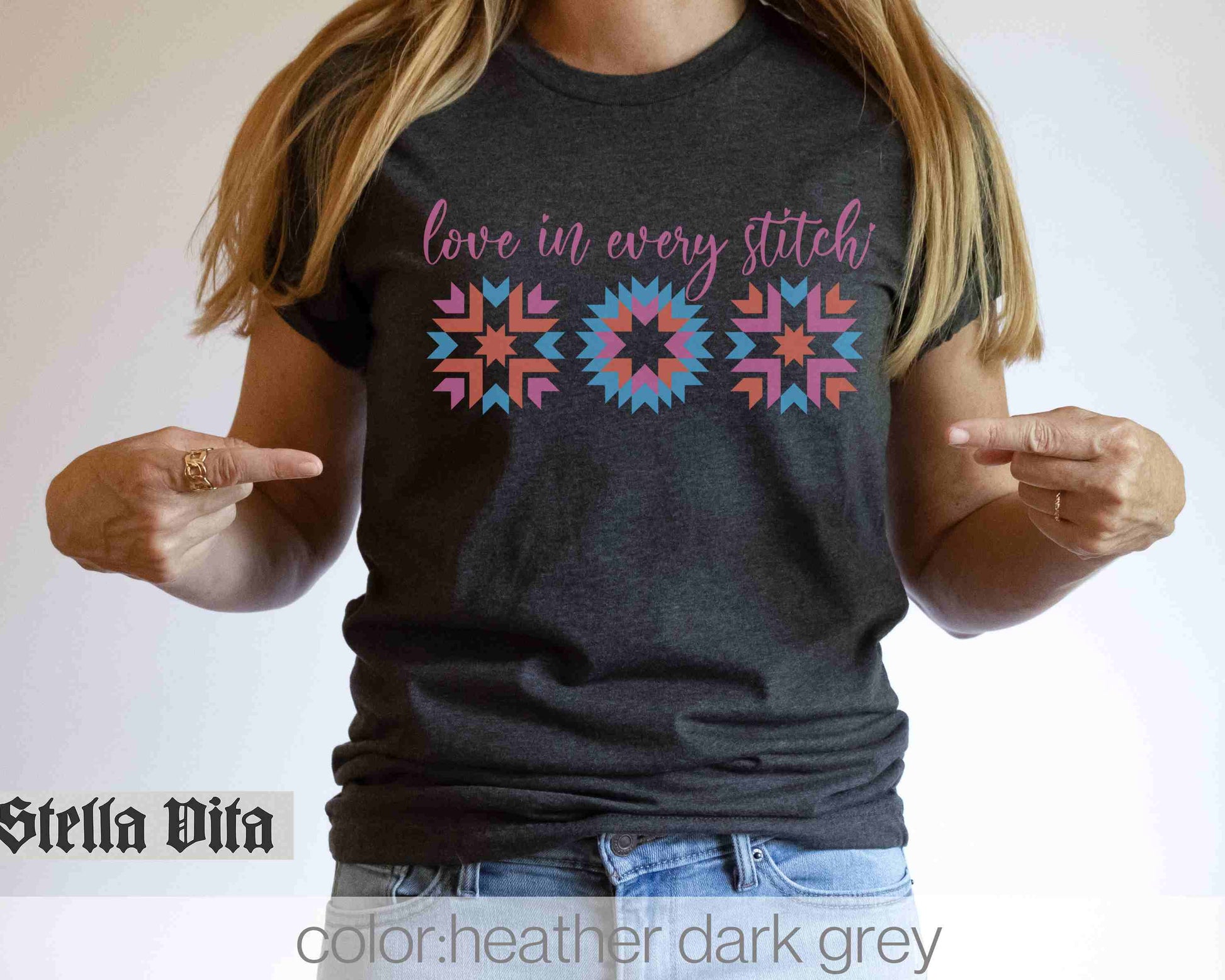 a woman wearing a t - shirt that says love in every stitch