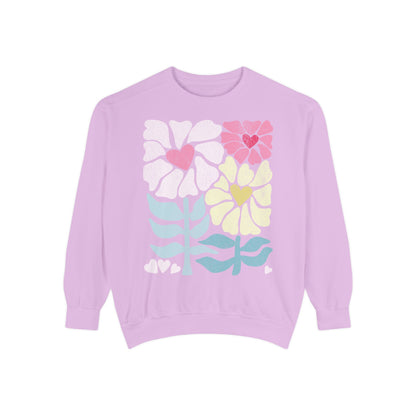 Boho Wild Flower Sweatshirt - Pastel Floral Sweatshirt with Heart Centers - Comfort Colors