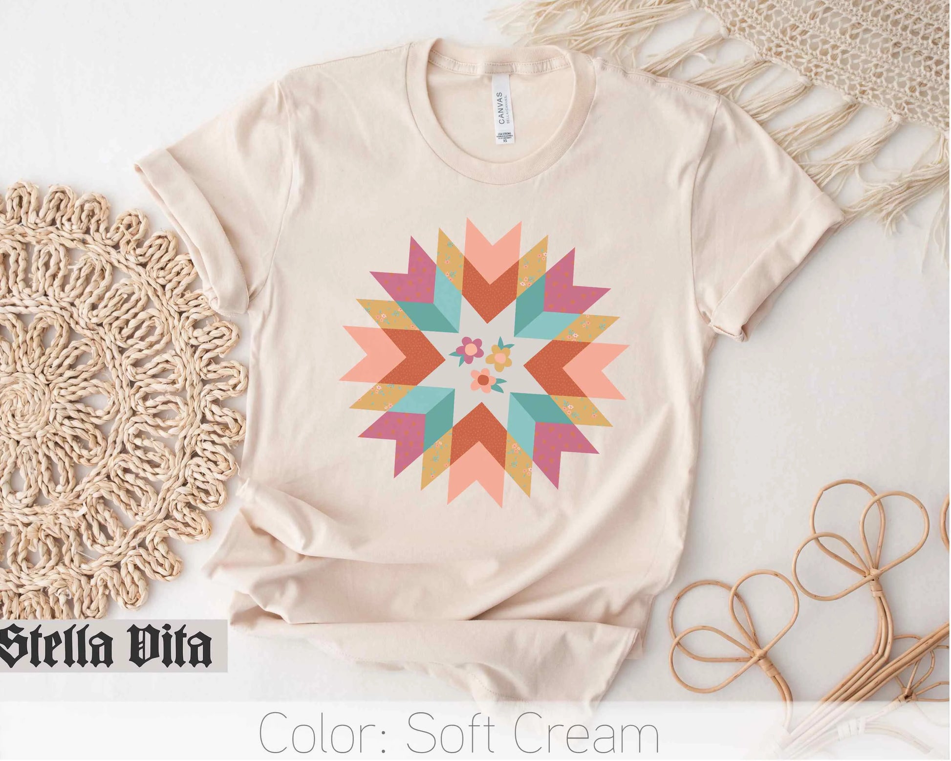a t - shirt with a colorful star design on it