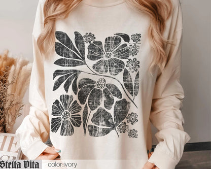 Wildflowers Comfort Colors Long Sleeve Shirt - Black Distressed Flowers Floral Graphic Top