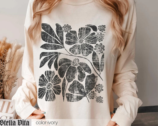 Wildflowers Comfort Colors Long Sleeve Shirt - Black Distressed Flowers Floral Graphic Top