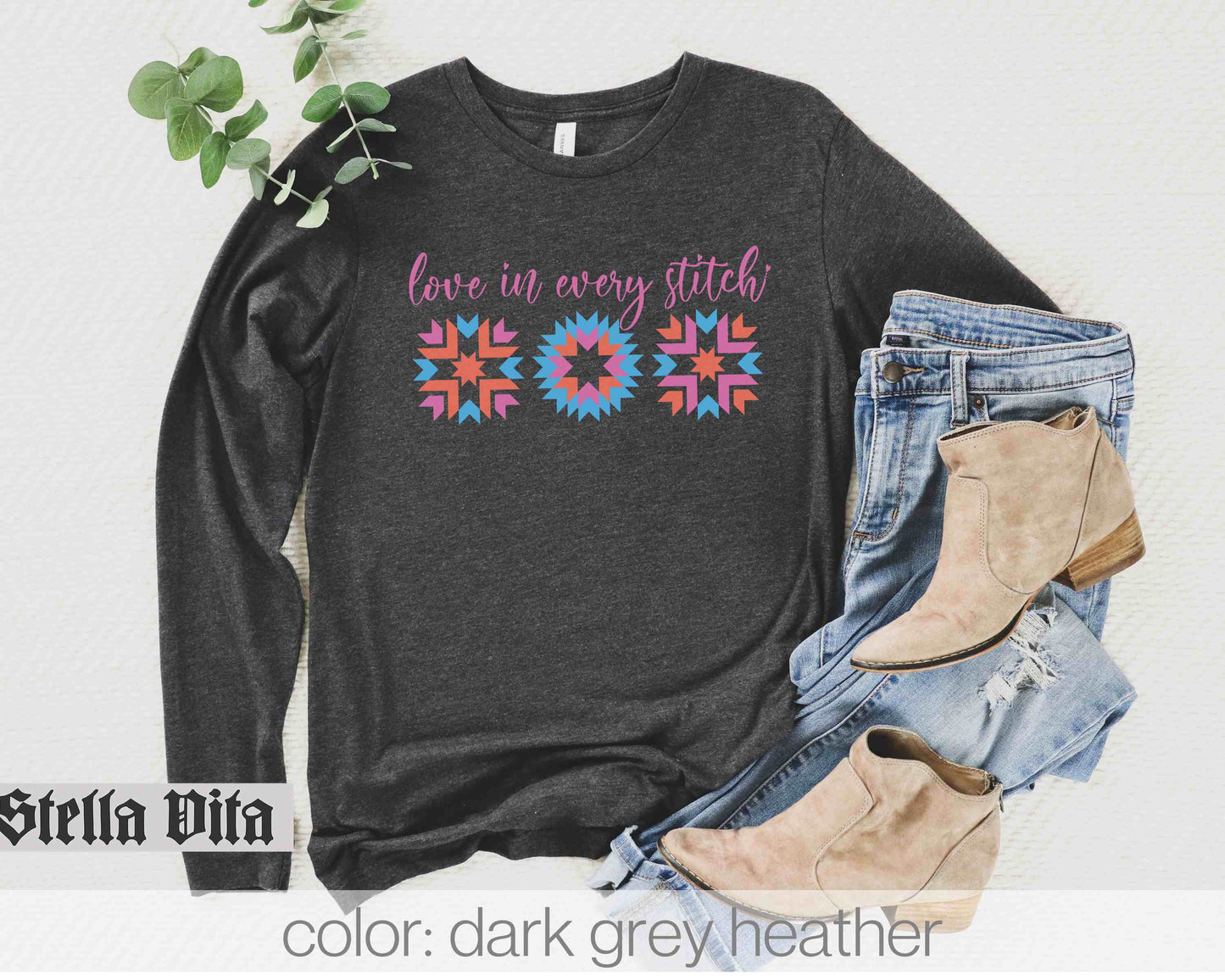 a t - shirt with the words love in many stitches on it