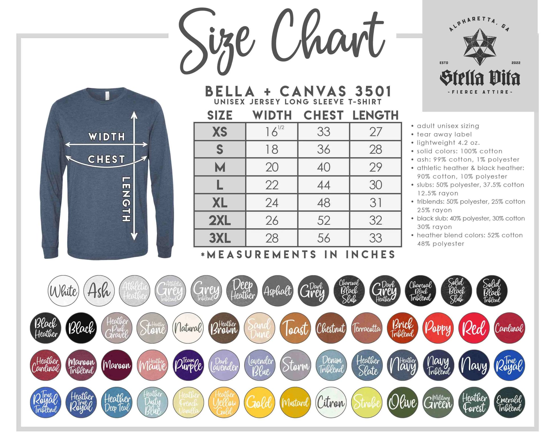 the size chart for a long sleeve shirt
