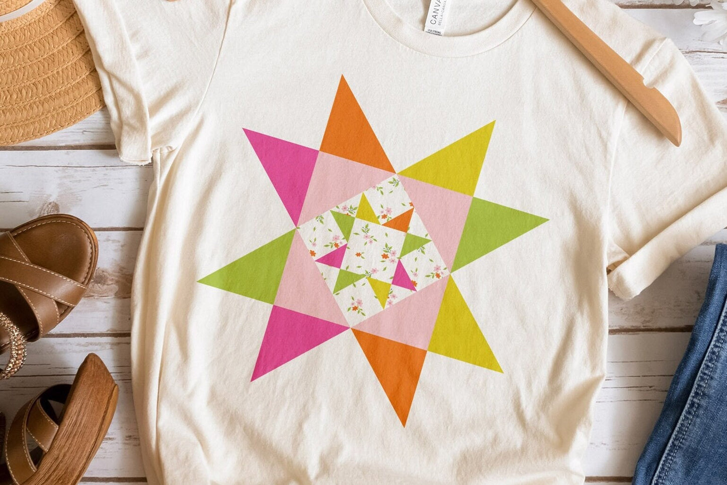 Morning Star Floral Print Quilt Block T-Shirt