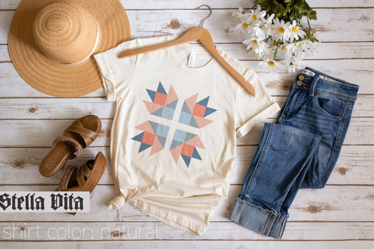 Blue and Peach Bear Paw Quilt Block T-Shirt