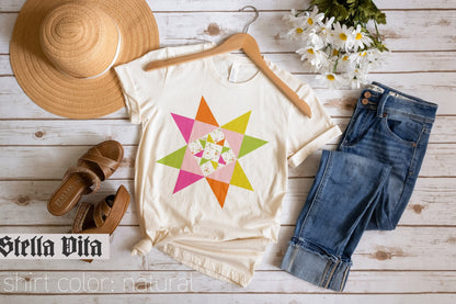 Morning Star Floral Print Quilt Block T-Shirt