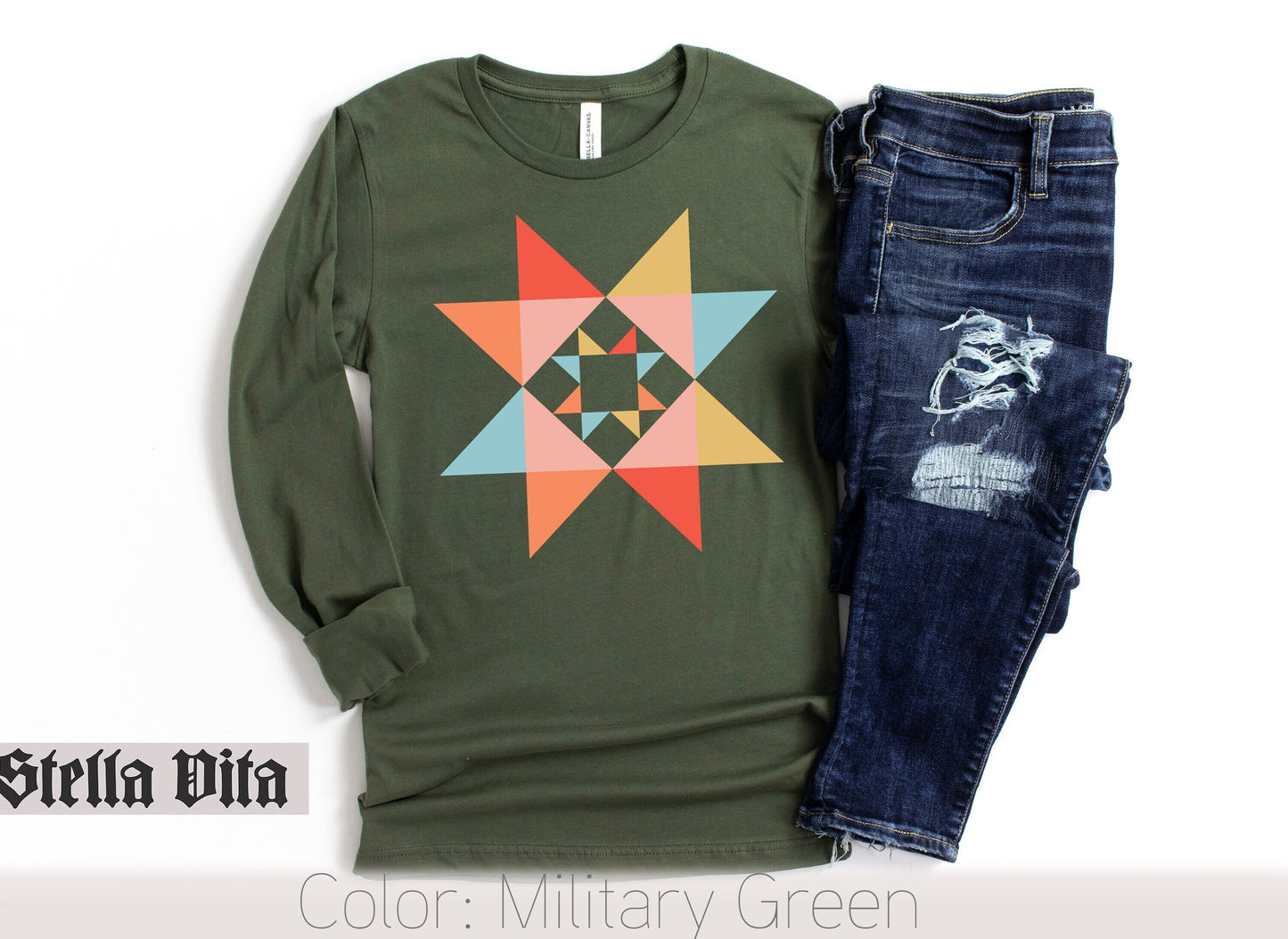 Evening Star Morning Star Quilt Block Long Sleeve Shirt