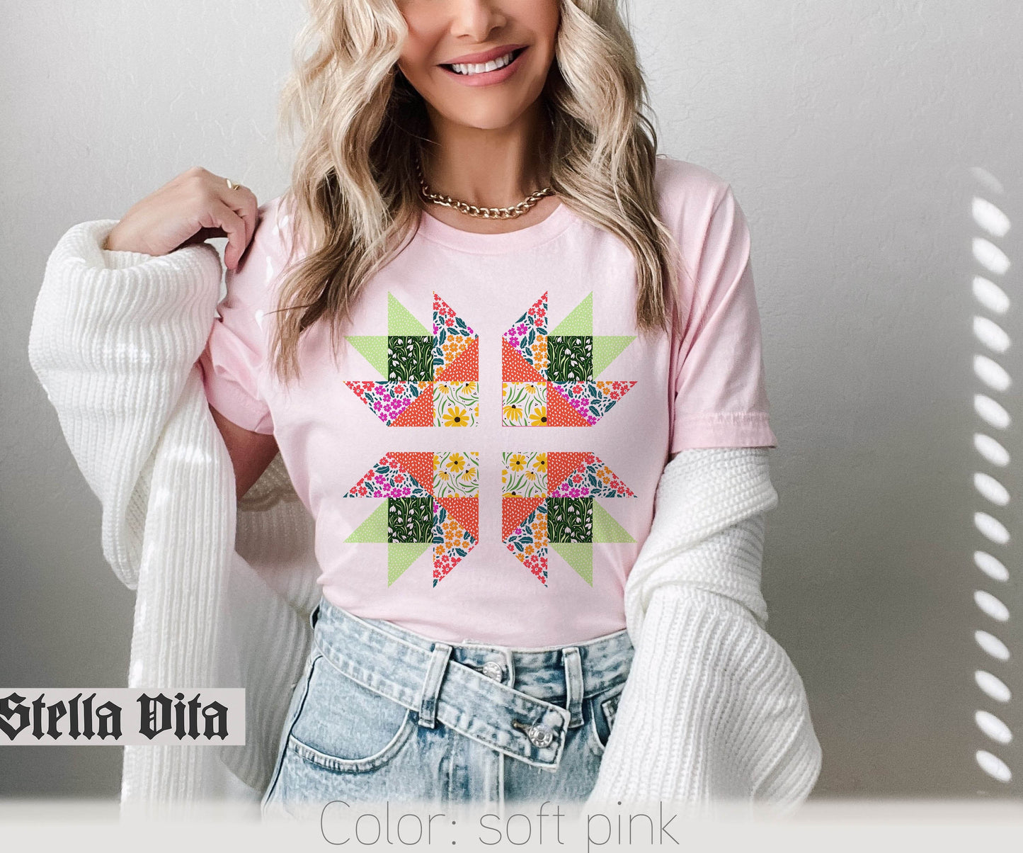 Bear Paw Floral Print Quilt Block T-Shirt