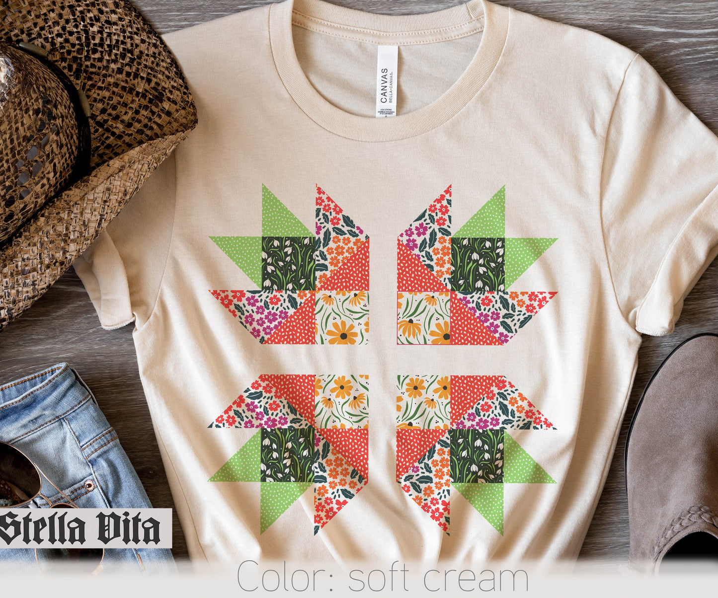 Bear Paw Floral Print Quilt Block T-Shirt