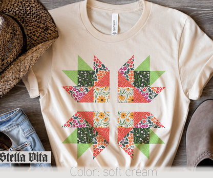 Bear Paw Floral Print Quilt Block T-Shirt