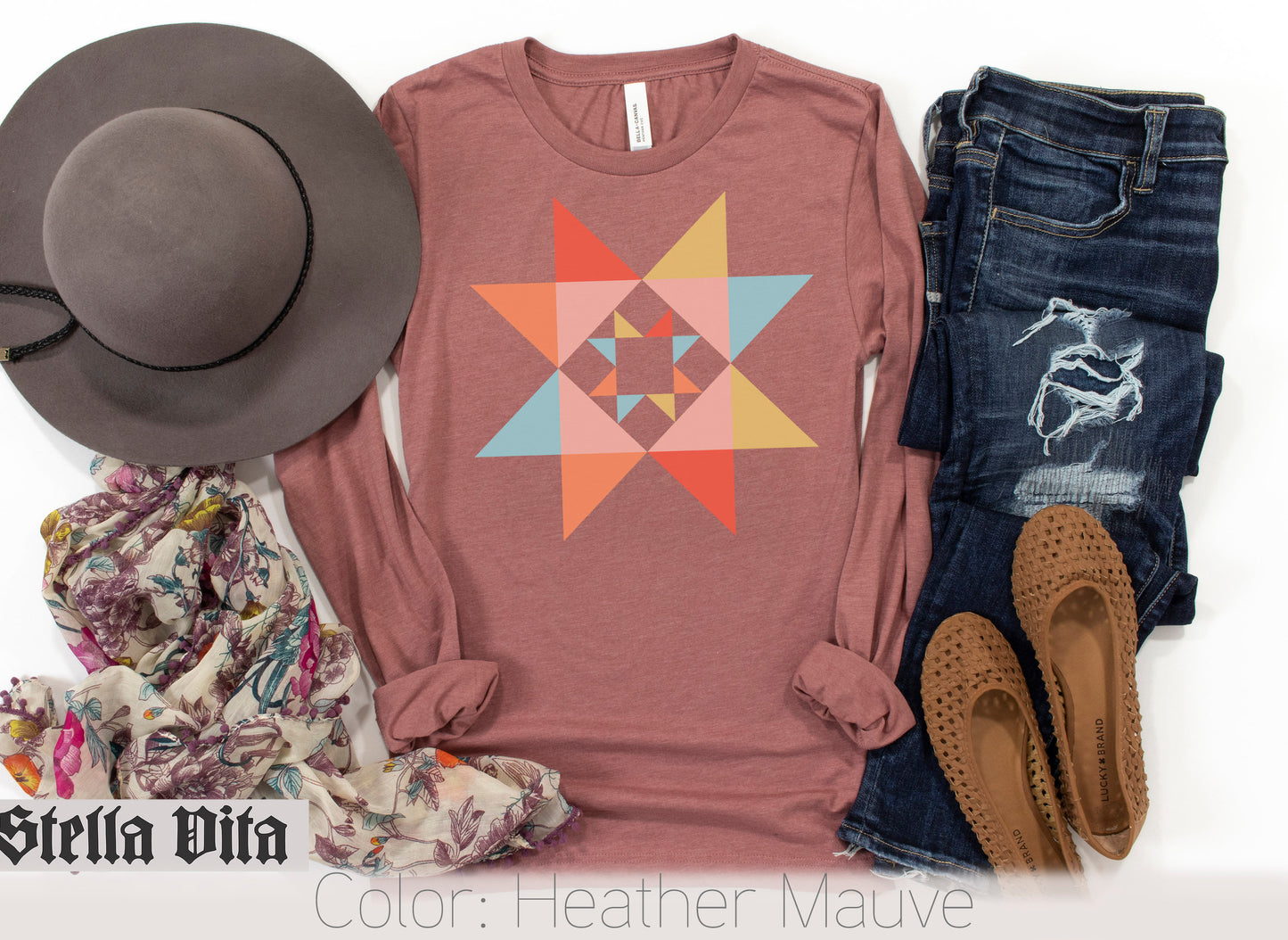 Evening Star Morning Star Quilt Block Long Sleeve Shirt