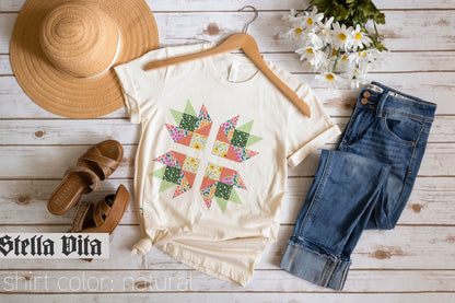 Bear Paw Floral Print Quilt Block T-Shirt