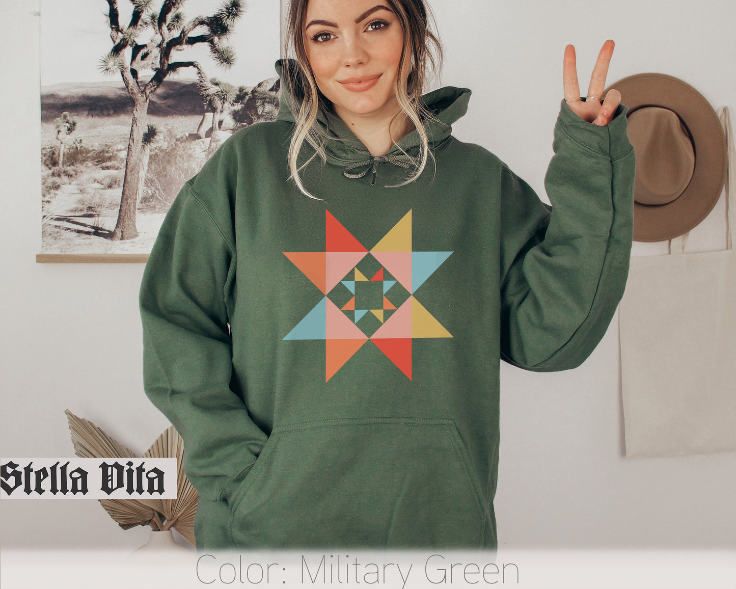 Evening Star Morning Star Quilt Block Hoodie Sweatshirt