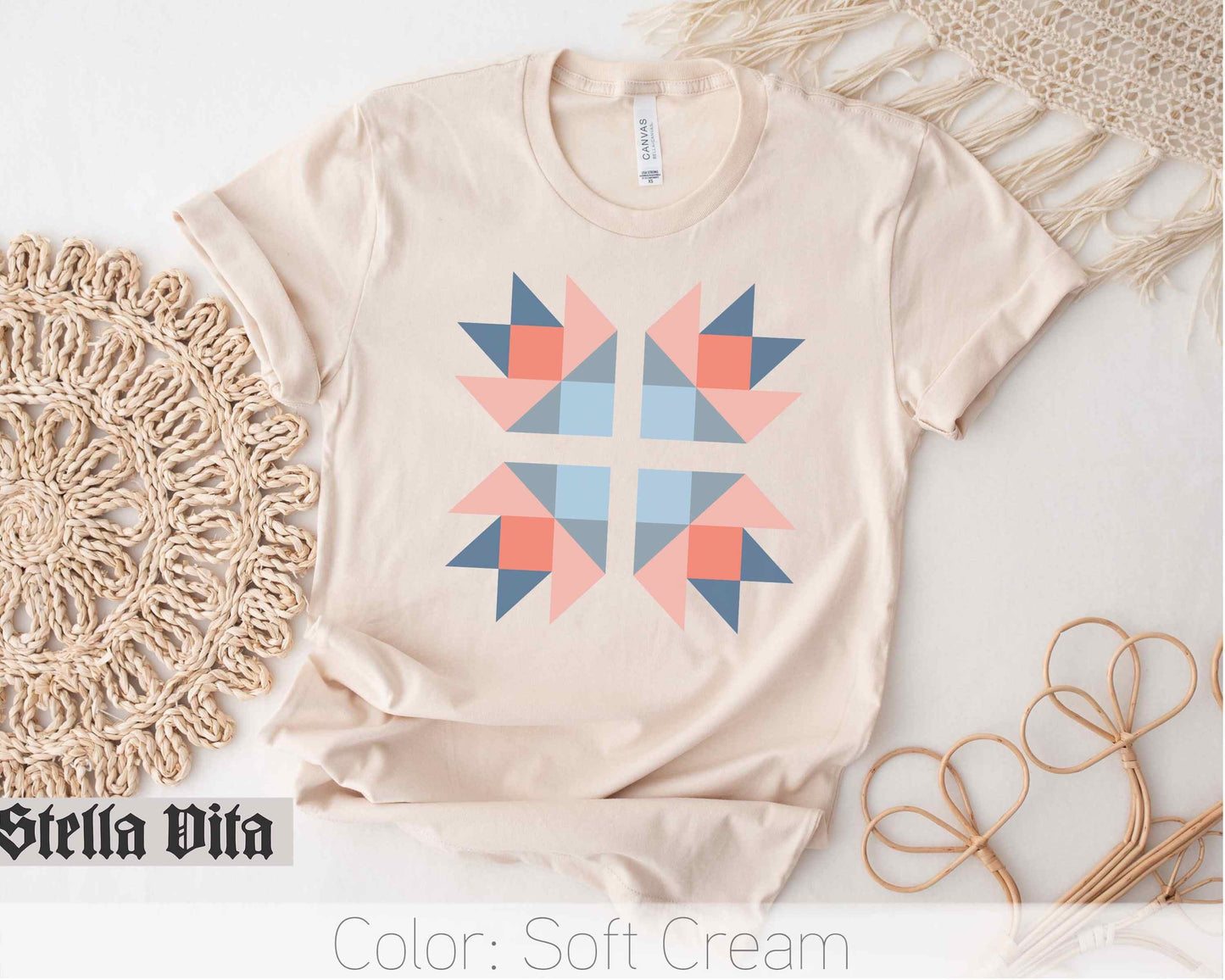Blue and Peach Bear Paw Quilt Block T-Shirt